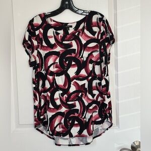 Alfani Women's Short Sleeve Top - Black and Pink Swirl, size large
